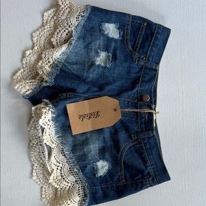 Listicle Blue Jean Shorts with Cream Lace Trim